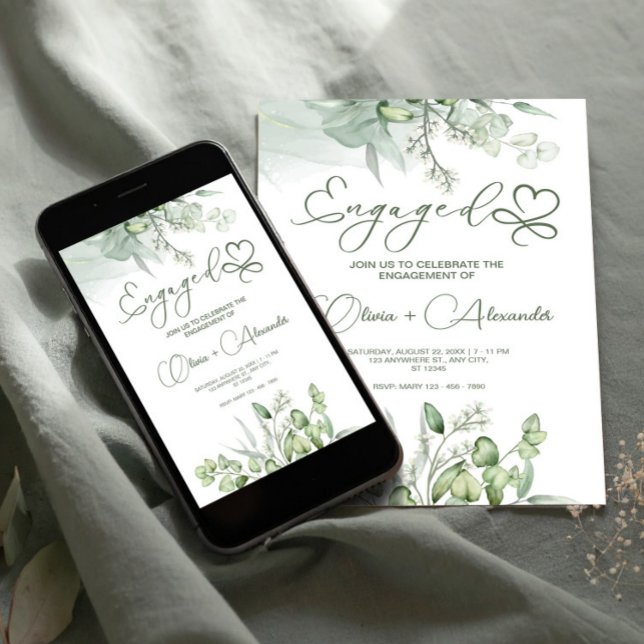 Engagement Party Eucalyptus Green Unique Invitation (Eucalyptus Green Engagement Card, Unique Wedding Invitation)