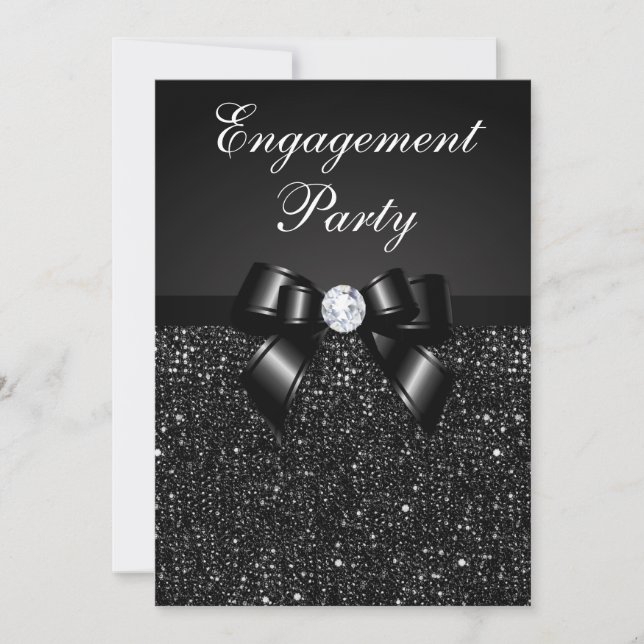 Engagement Party Faux Black Sequins Black Bow Invitation (Front)