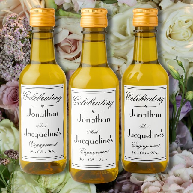Engagement Party Favor Names Elegant Simple White  Wine Label (Engagement Party Favors - Elegant, Simple Black and White Mini Wine Bottle Labels.)