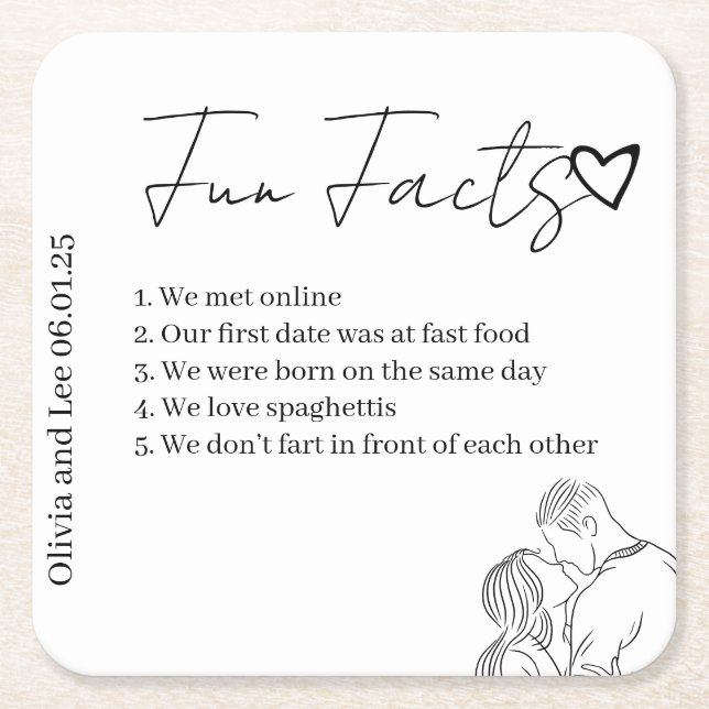 Engagement Party Fun facts Name Wedding  Square Paper Coaster (Front)