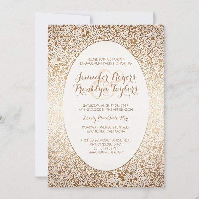 Engagement Party Gold Floral Vintage White Invitation (Front)