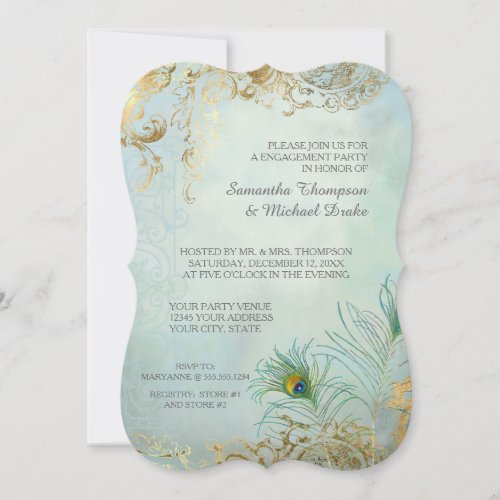 Engagement Party Gold Leaf Peacock Feather Elegant Invitation