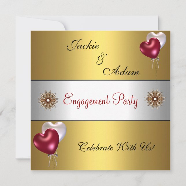 Engagement Party Gold Red White Love Balloons Invitation (Front)