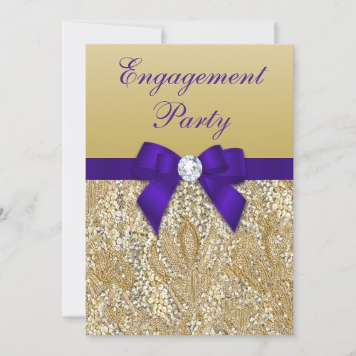 Engagement Party Gold Sequins Royal Purple Bow Invitation