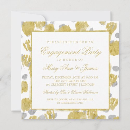 Engagement Party Gold  Silver Paint Strokes Invitation