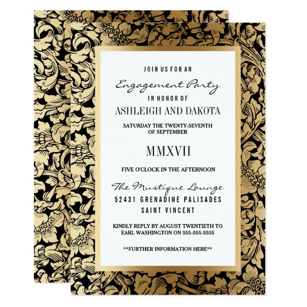 Engagement Party | Golden Floral Damask On Black Invitation