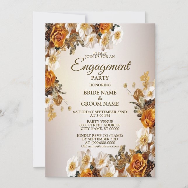 Engagement Party Golden Orange White Floral Rustic Invitation (Front)