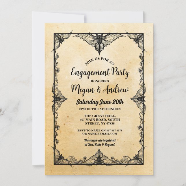 Engagement Party Gothic Frame Halloween Bats Invitation (Front)