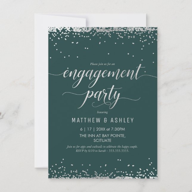 Engagement Party Invitation, Elegant Silver, Green Invitation (Front)