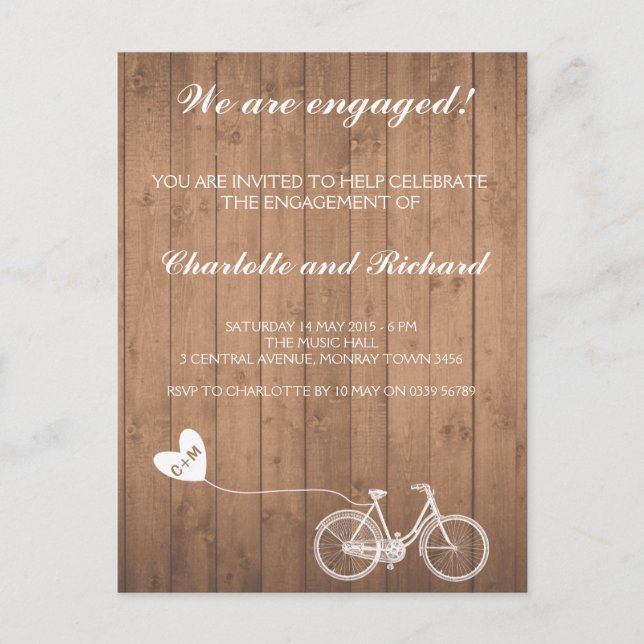 Engagement party invitation romantic bike postcard (Front)