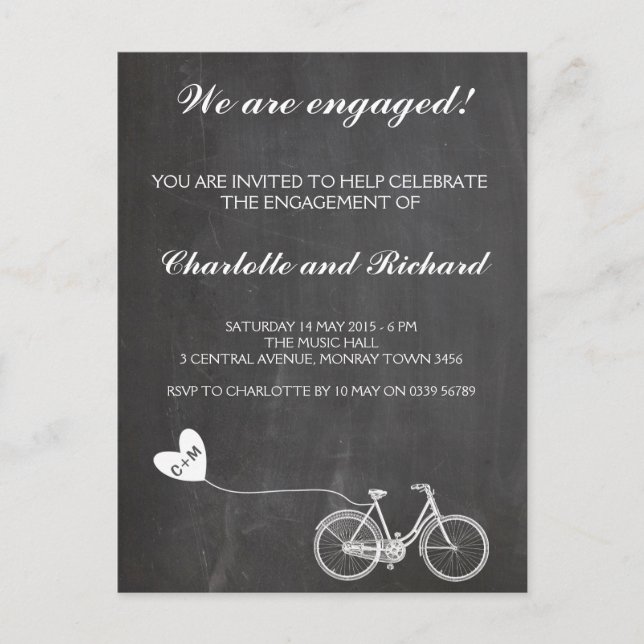 Engagement party invitation romantic bike postcard (Front)