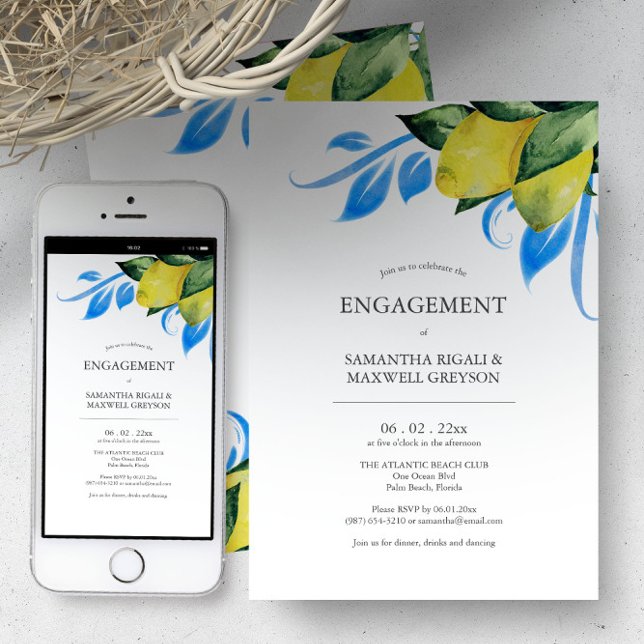 Engagement Party Invitations Botanical Lemon (Watercolor lemons blue and yellow Italian style engagement party invitations by Victoria Grigaliunas)