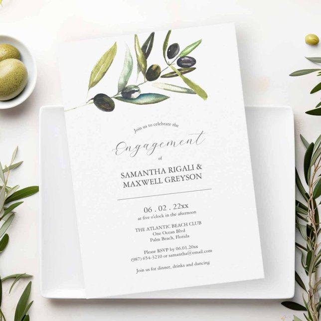 Engagement Party Invitations Botanical Olive (Engagement party invitations features unique watercolor olive branch by Victoria Grigaliuanas)