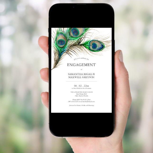 Engagement Party Invitations Peacock Feathers (Front Digital)