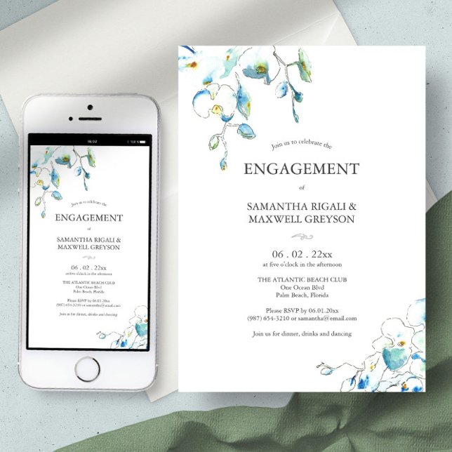 Engagement Party Invitations Watercolor Flowers (Engagement party invitations blue watercolor floral orchid art by Victoria Grigaliunas )