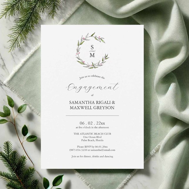 Engagement Party Invitations Winter Botanical (Hand drawn engagement party invitations botanical art by Victoria Grigaliunas of Do Tell A Belle)