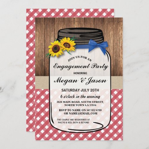Engagement Party Jar Wood Red Check Sunflowers Invitation