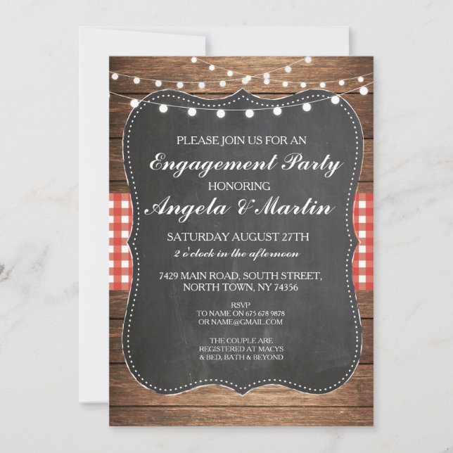 Engagement Party Lights Red Check Wood Invite (Front)