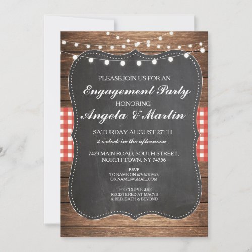 Engagement Party Lights Red Check Wood Invite