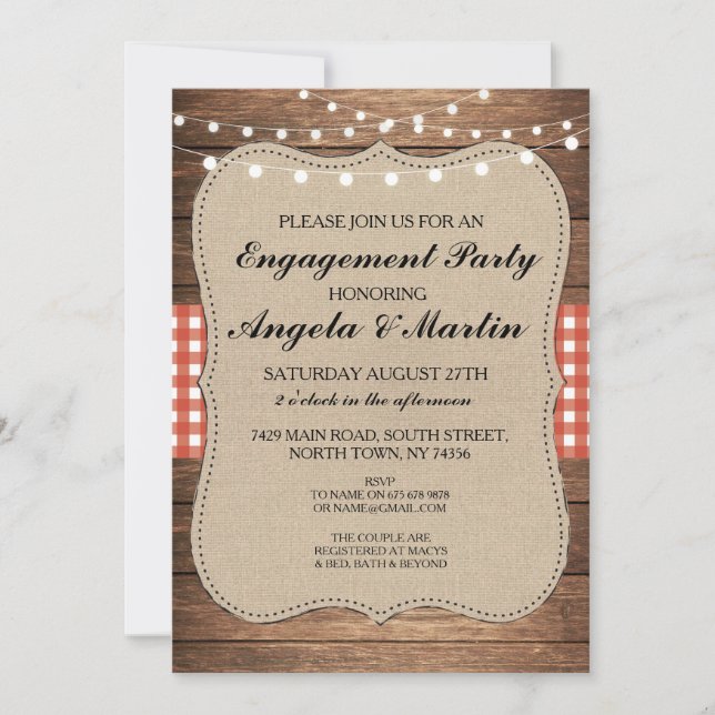 Engagement Party Lights Red Check Wood Invite (Front)