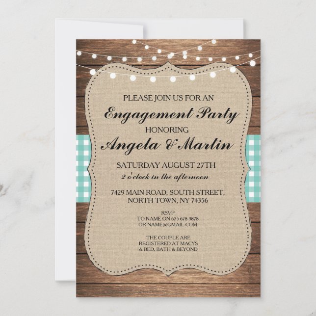 Engagement Party Lights Teal Check Wood Invite (Front)