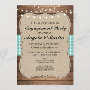 Engagement Party Lights Teal Check Wood Invite