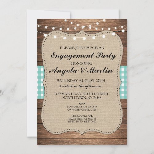 Engagement Party Lights Teal Check Wood Invite