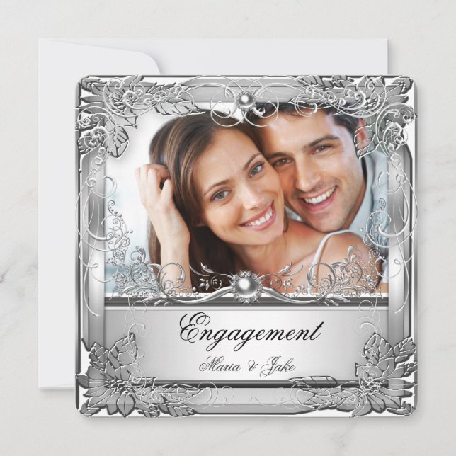 Engagement Party Metallic White Silver Photo Invitation (Front)