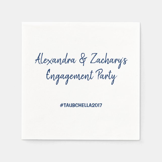 Engagement Party Napkins with Hashtag Navy (Front)