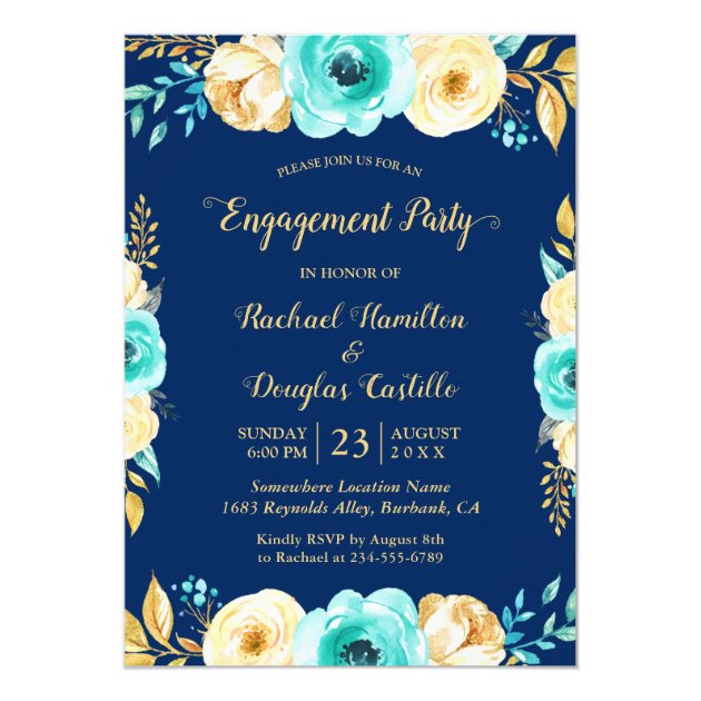 Engagement Party - Navy Blue Teal Gold Floral Invitation