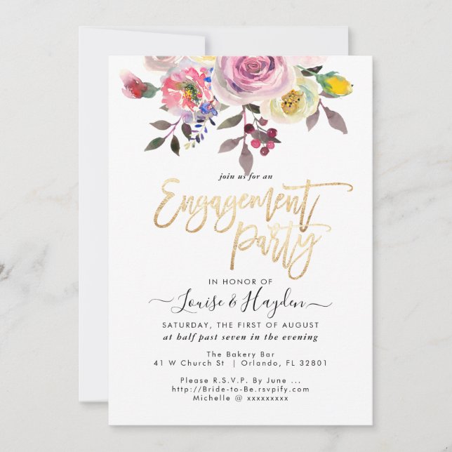 Engagement Party Pastel Watercolor Flowers Announcement (Front)