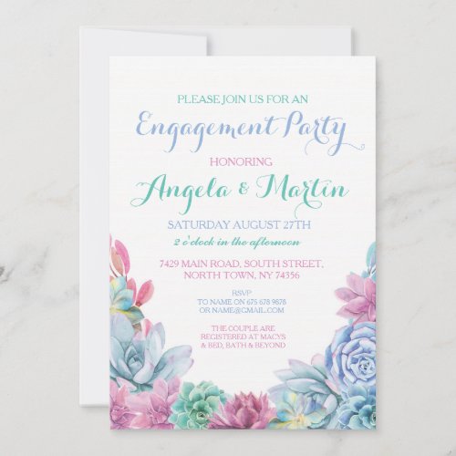 Engagement Party Pink Blue Succulents Invite