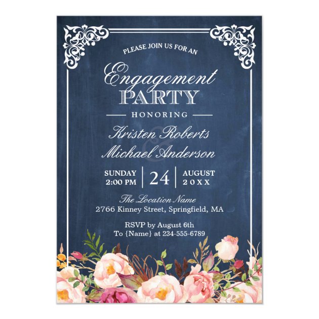 Engagement Party Pink Floral Blue Chalkboard Invitation