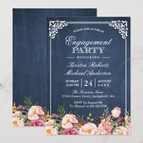 Engagement Party Pink Floral Blue Chalkboard Card