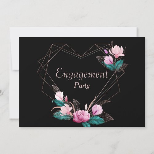 Engagement PartyPink Floral Geometric Frame Black Invitation