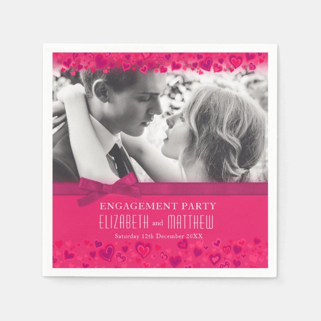 Engagement party pink red hearts photo bow napkins (Front)