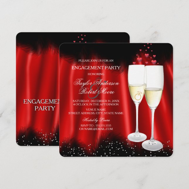 Engagement Party Red Black Champagne Ring Heart Invitation (Front/Back)