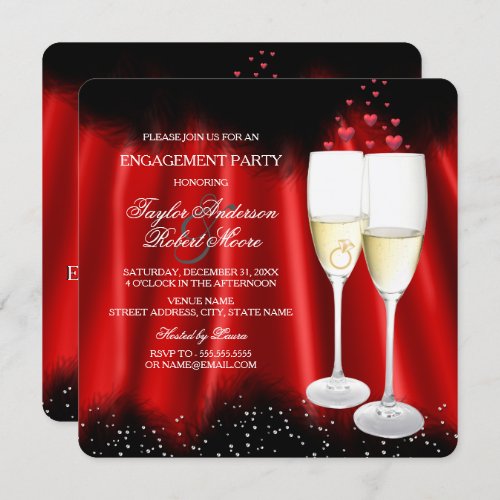 Engagement Party Red Black Champagne Ring Heart Invitation