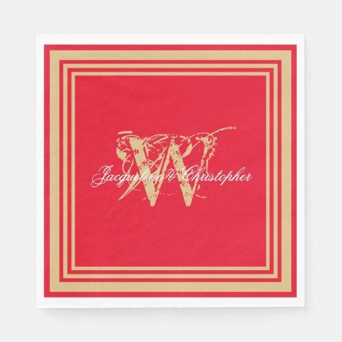 Engagement Party Romantic Red Chic Monogram Paper  Napkins