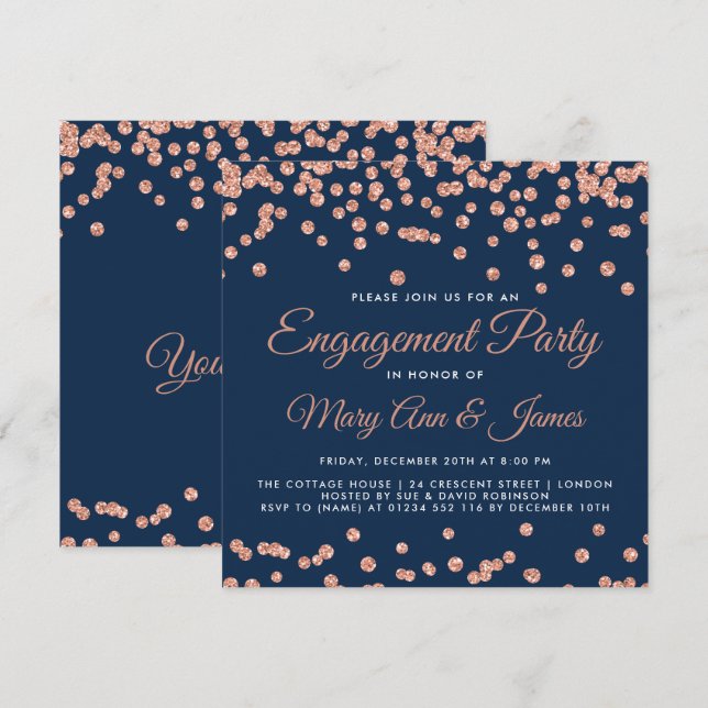 Engagement Party Rose Gold Glitter Confetti Navy Invitation (Front/Back)