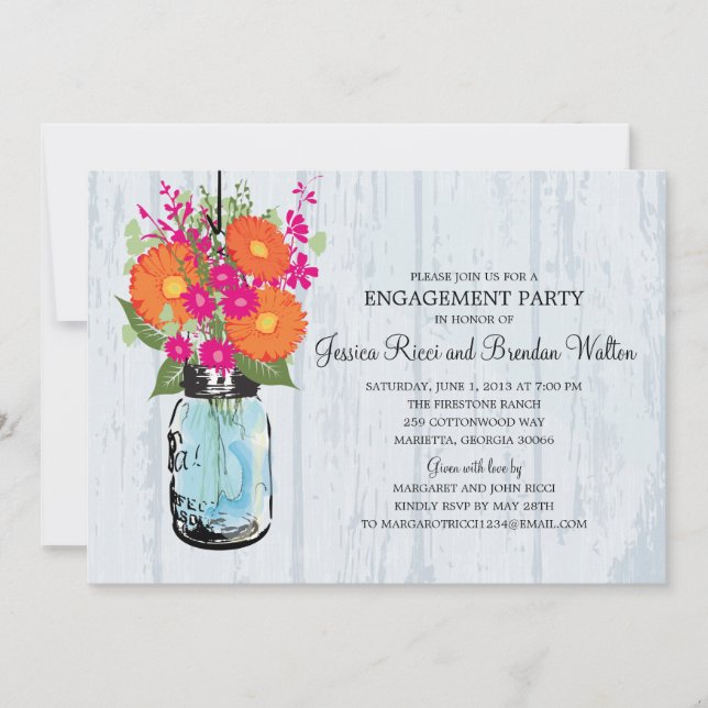 Engagement Party Rustic  Mason Jar Gerber Daisies Invitation (Front)