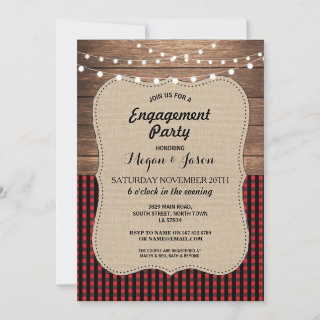 Engagement Party Rustic Wood Burlap Buffalo Check Invitation (Front)