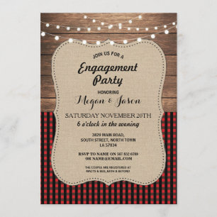 Engagement Party Rustic Wood Burlap Buffalo Check Invitation