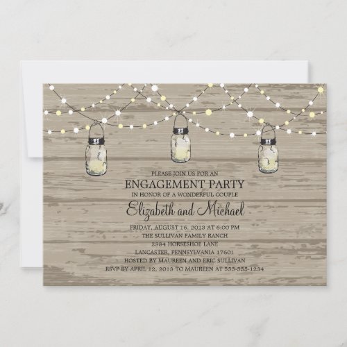 Engagement Party Rustic Wood Mason Jar and Lights Invites