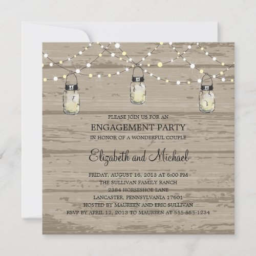 Engagement Party Rustic Wood Mason Jar and Lights Invitation