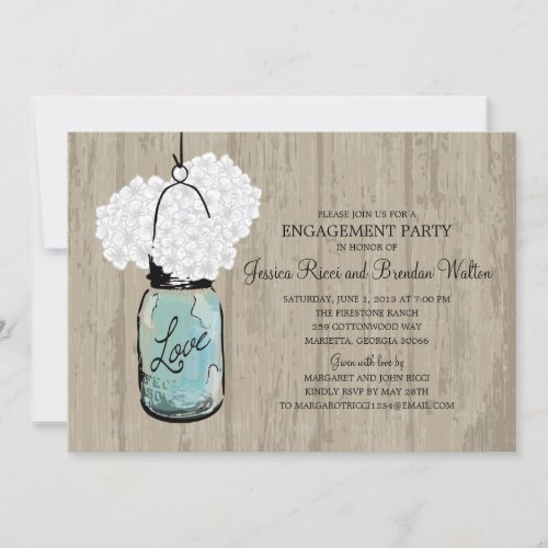 Engagement Party Rustic Wood Mason Jar Hydrangeas Announcement