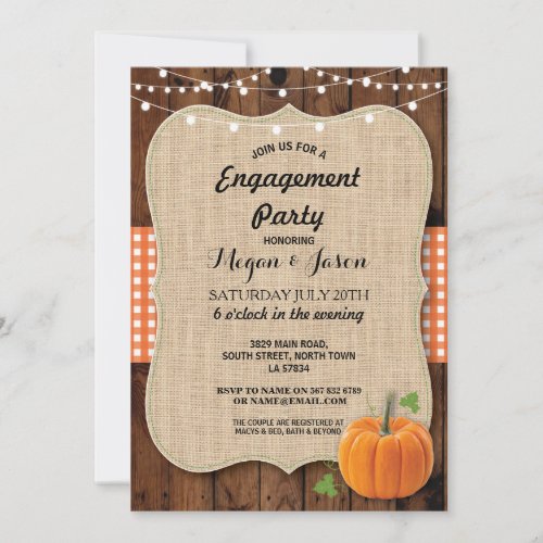 Engagement Party Rustic Wood Pumpkin Burlap Fall Invitation