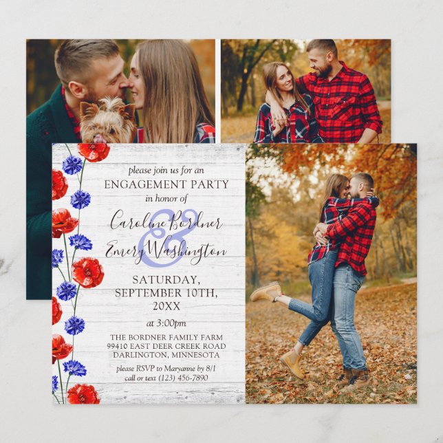 Engagement Party Rustic Wood & Red Poppy 4-Photo Invitation (Front/Back)