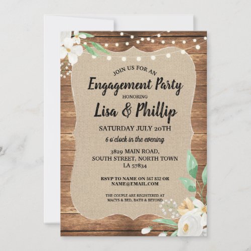 Engagement Party Rustic Wood White Flowers Invite
