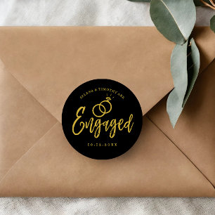 Engagement Party Script Lettering   Black Gold Classic Round Sticker